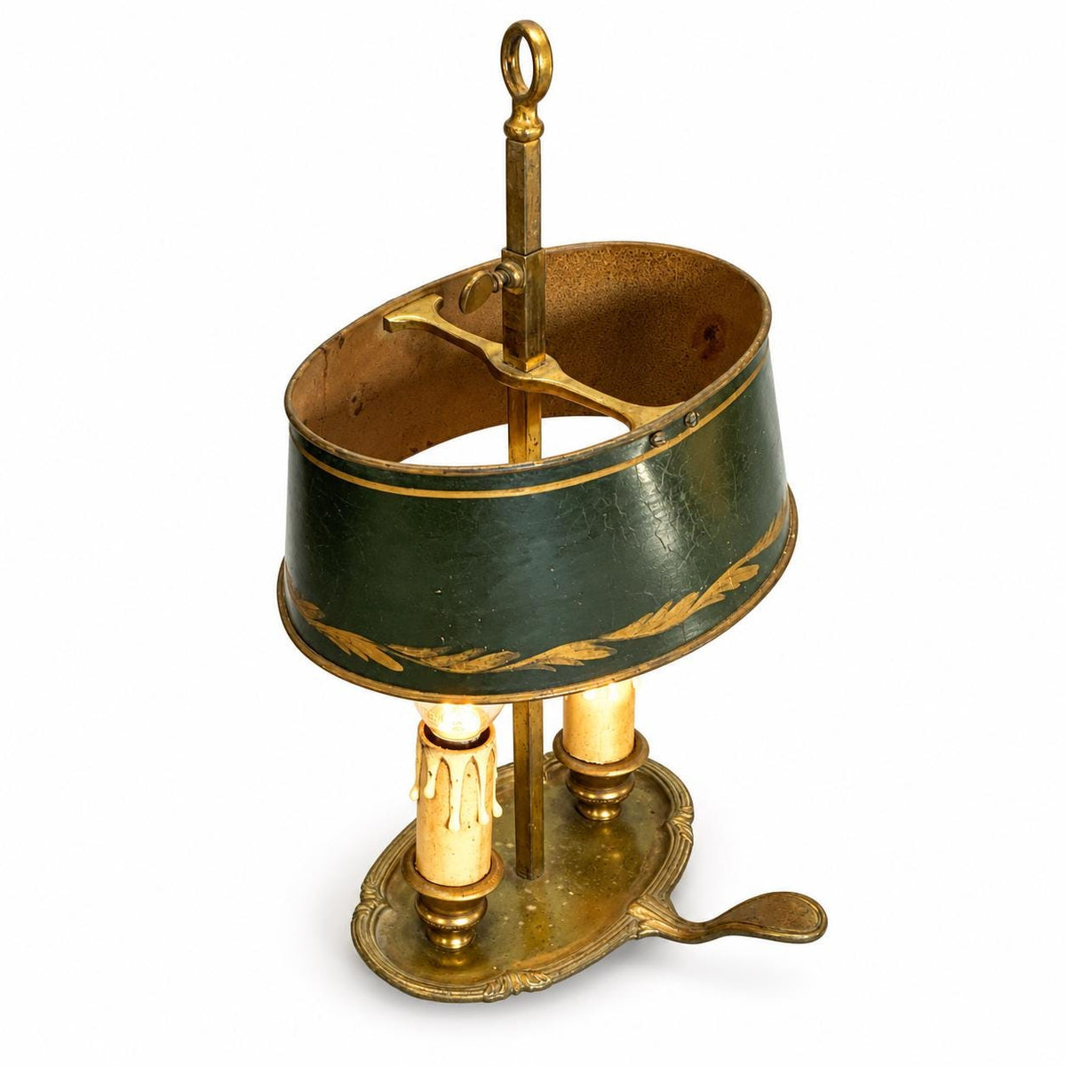 Vintage Small Bouillotte Two-Light Lamp with Bronze-Tone Dished Base and Green Tôle Shade