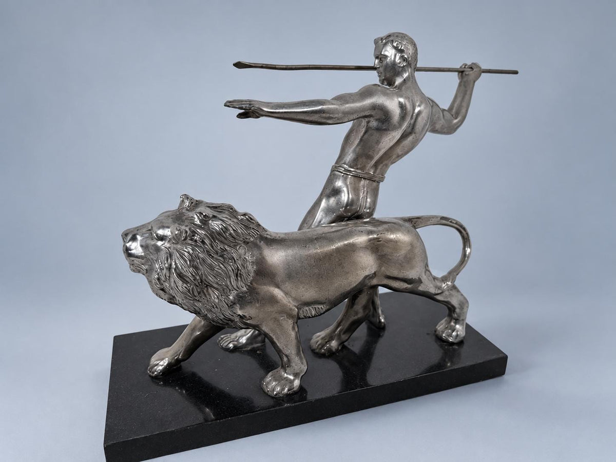 Vintage Art Deco Silver-Tone Metal Warrior with Spear and Lion Sculpture on Black Marble Base, Hunter and Lion Statue, Mantel Decor