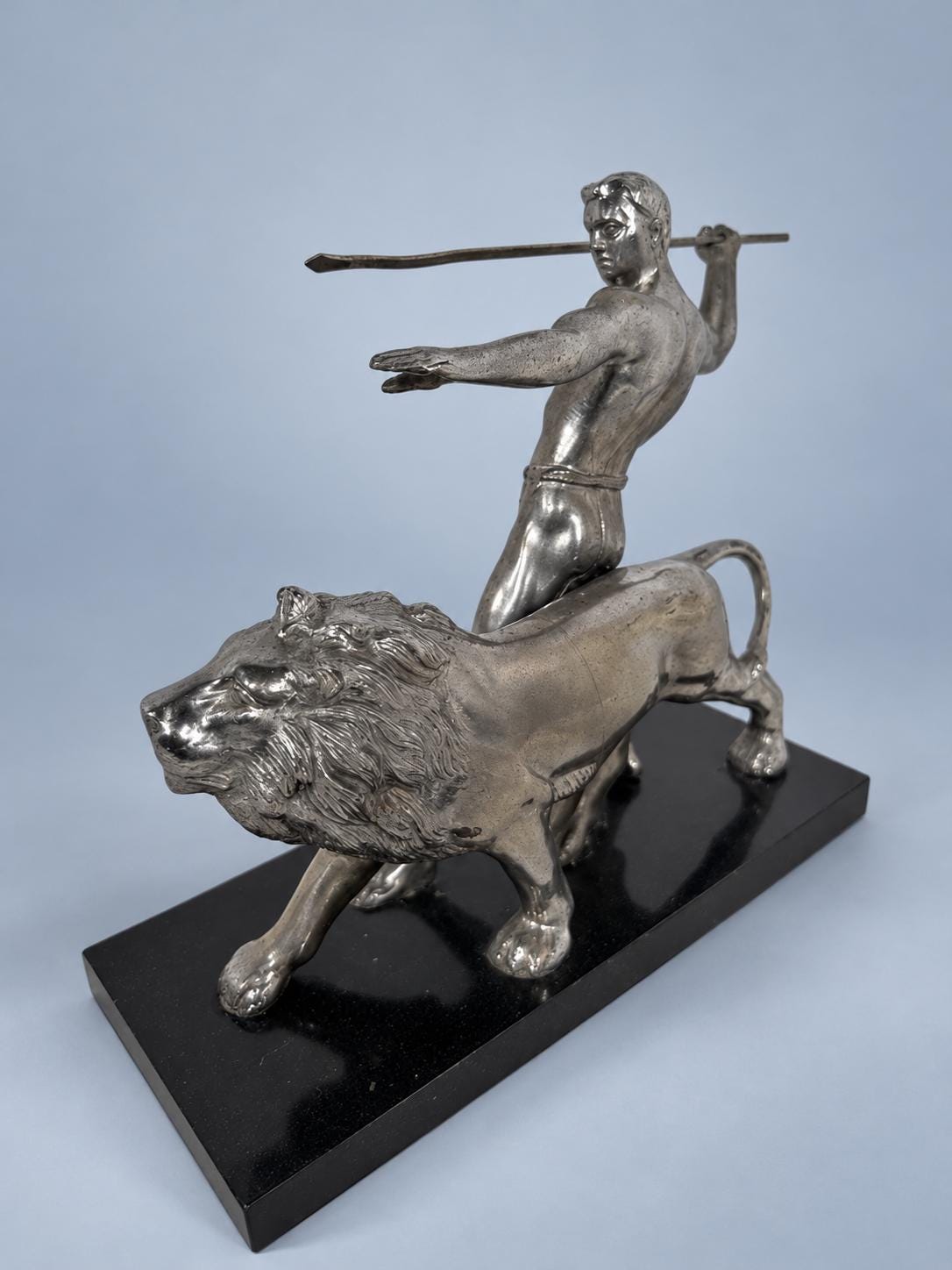 Vintage Art Deco Silver-Tone Metal Warrior with Spear and Lion Sculpture on Black Marble Base, Hunter and Lion Statue, Mantel Decor