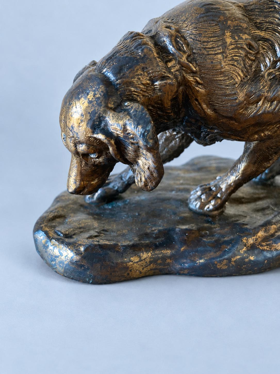 Vintage French Spelter Spaniel Dog Sculpture with Gilt Patina, Hunting Setter on Naturalistic Base, Sporting Dog Mantel Decor