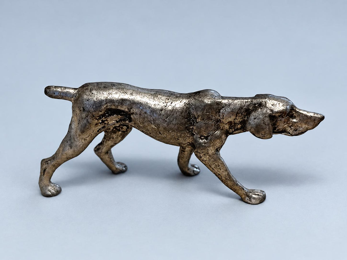 Vintage Miniature Silver-Tone Metal Pointer Dog Figurine, Small Hunting Dog Statue, Cabinet Curio or Desk Decor for Dog Lovers