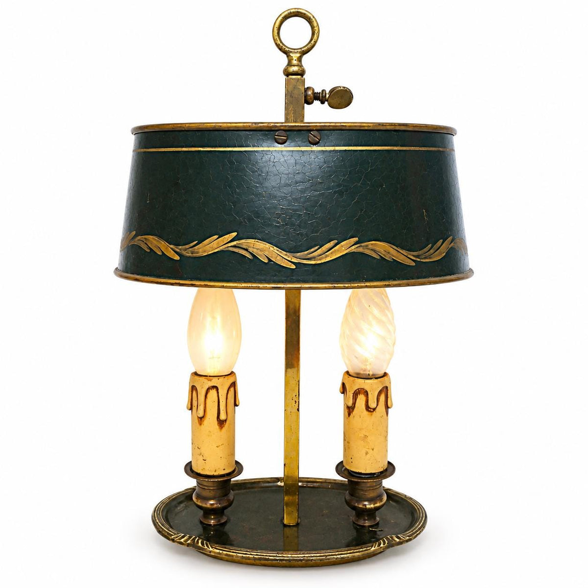 Vintage Small Bouillotte Two-Light Brass-Tone Table Lamp with Oval Green Tôle Shade