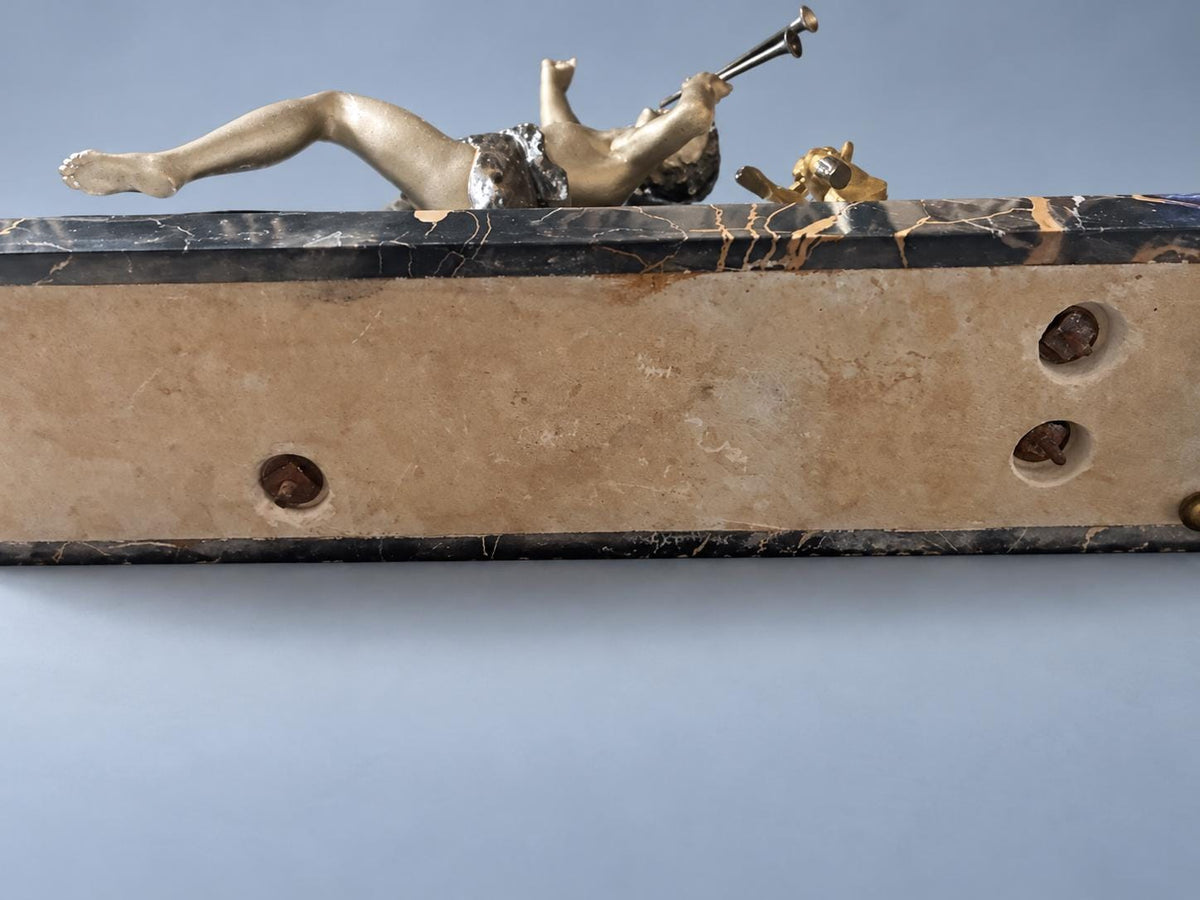 Vintage Art Deco Spelter Sculpture of Pan Playing Pipes with Leaping Goat, Silver and Gold Finish on Onyx and Black Marble Base