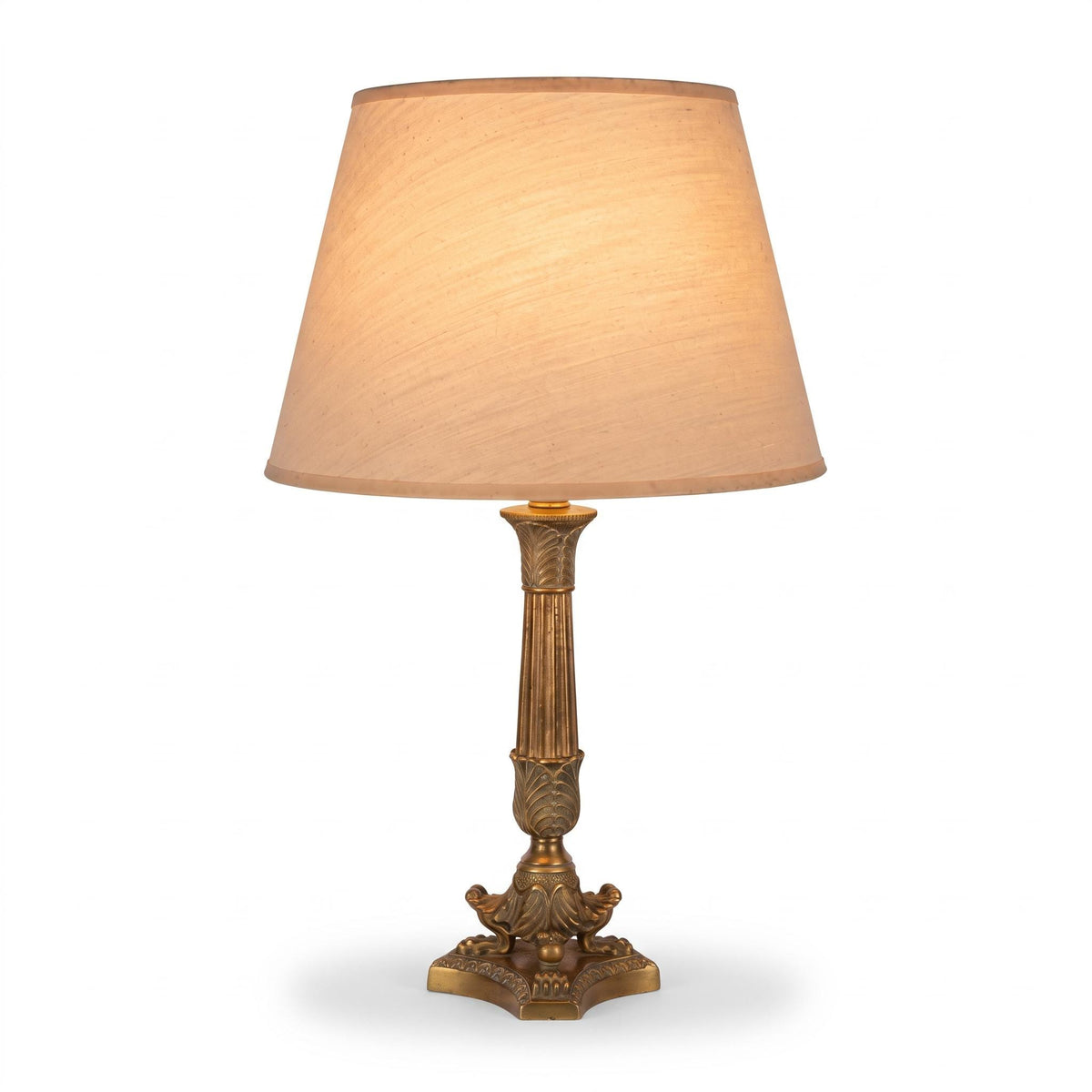Antique Bronze Candlestick Table Lamp, Fluted Palm Column, Lion Claw Feet, Cream Shade, 44 cm
