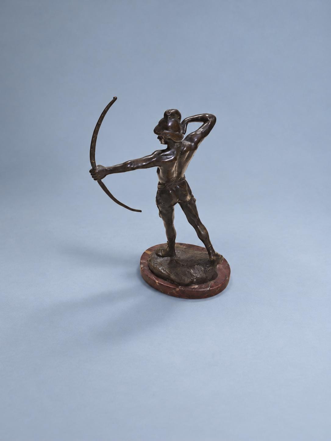 Vintage Bronze Archer Statue with Brown Patina on Oval Marble Base, Classical Greek Warrior Drawing Bow, Small Desk Sculpture
