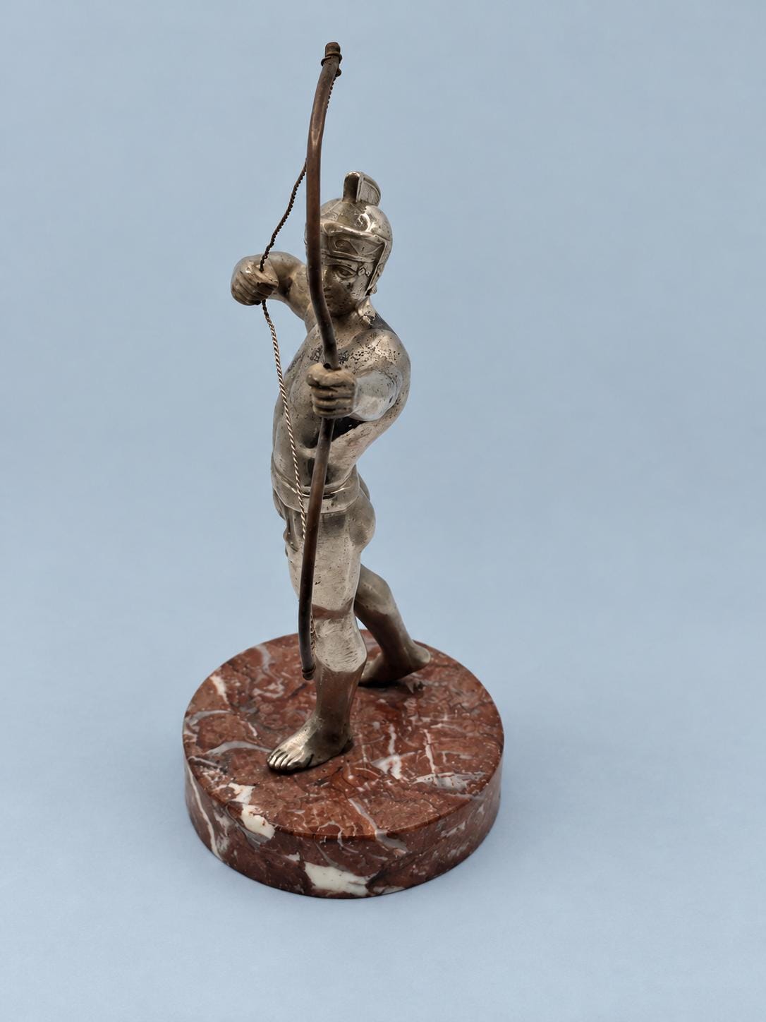 Art Deco Style Archer Statue, Silver-Tone Metal Bowman on Red Stone Base, Vintage