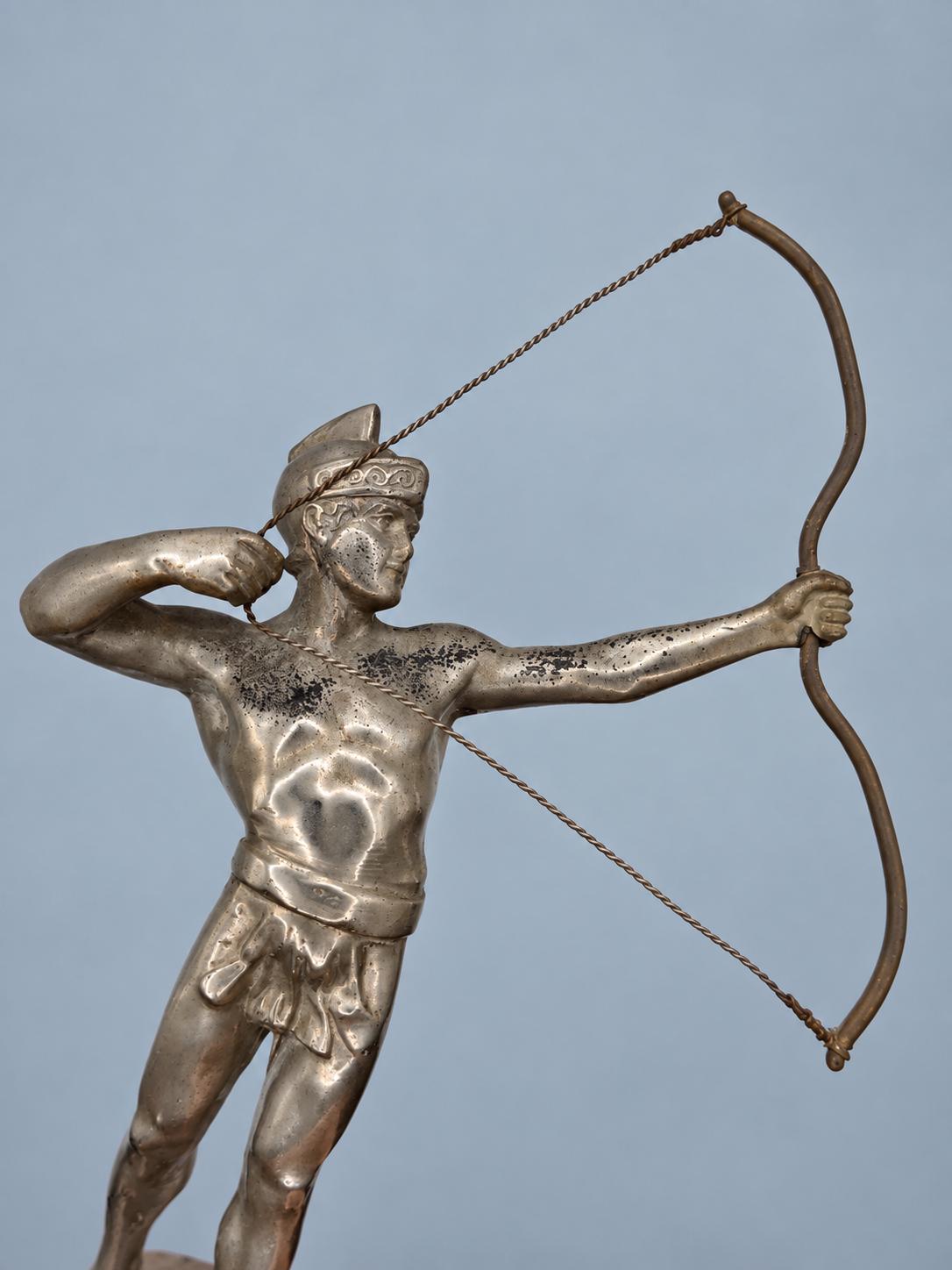 Art Deco Style Archer Statue, Silver-Tone Metal Bowman on Red Stone Base, Vintage