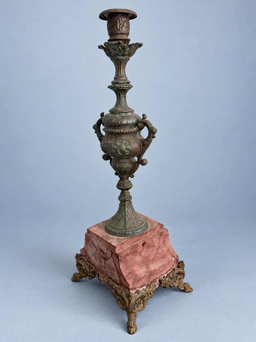 Vintage Napoleon III Style Patinated Metal Candlestick on Red Marble Base with Gilt Feet, Twin-Handled Urn Stem, Mantel Garniture