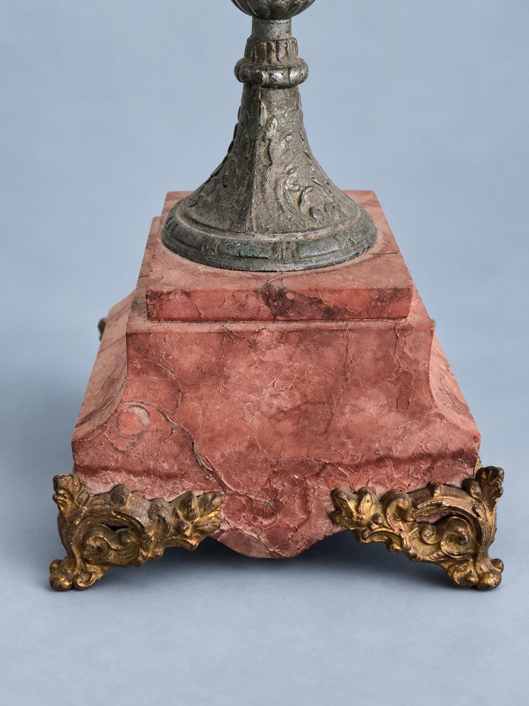 Vintage Napoleon III Style Patinated Metal Candlestick on Red Marble Base with Gilt Feet, Twin-Handled Urn Stem, Mantel Garniture