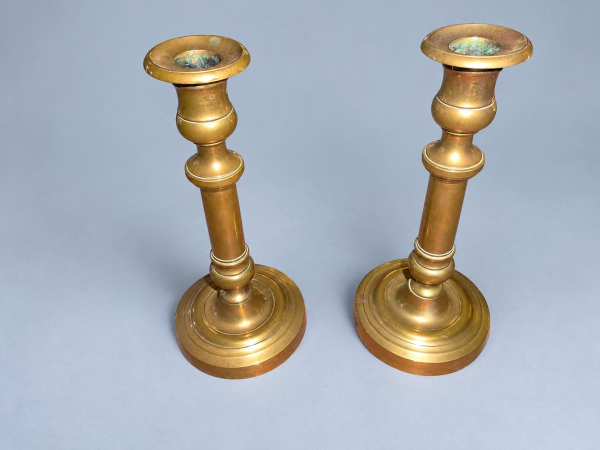 Pair of Vintage French Restoration Style Heavy Brass or Bronze Candlesticks, Turned Baluster Taper Holders, Classic Mantel Decor