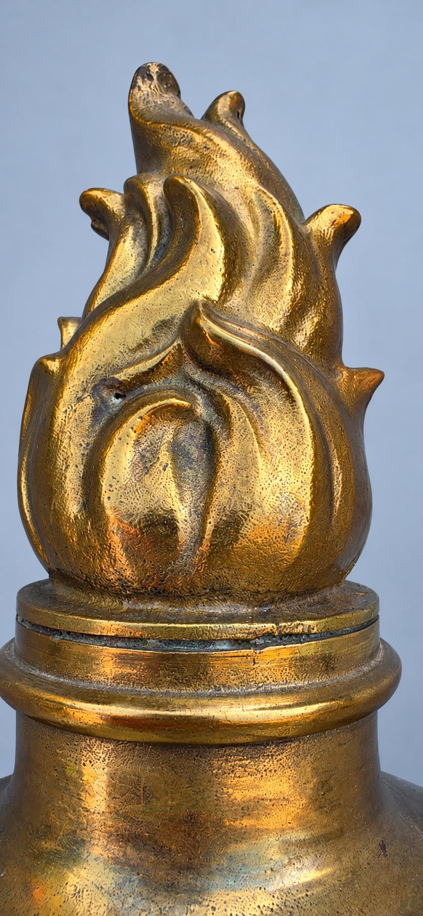Antique French Louis XVI Style Brass Cassolette Urn with Flame Finial and Rose Garland, Neoclassical Mantel Ornament, Circa 1880–1920