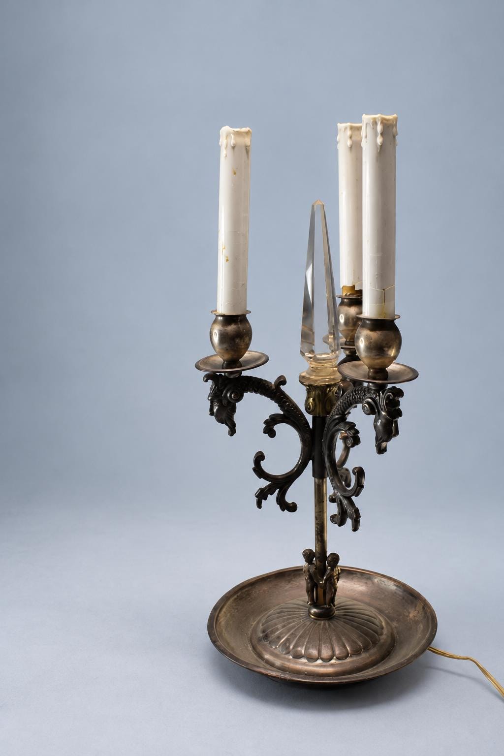 Vintage Three-Light Candelabrum Table Lamp, Silver-Tone Metal with Ram’s Head Scroll Arms, Faceted Glass Centre Spike, Gadrooned Dish Base