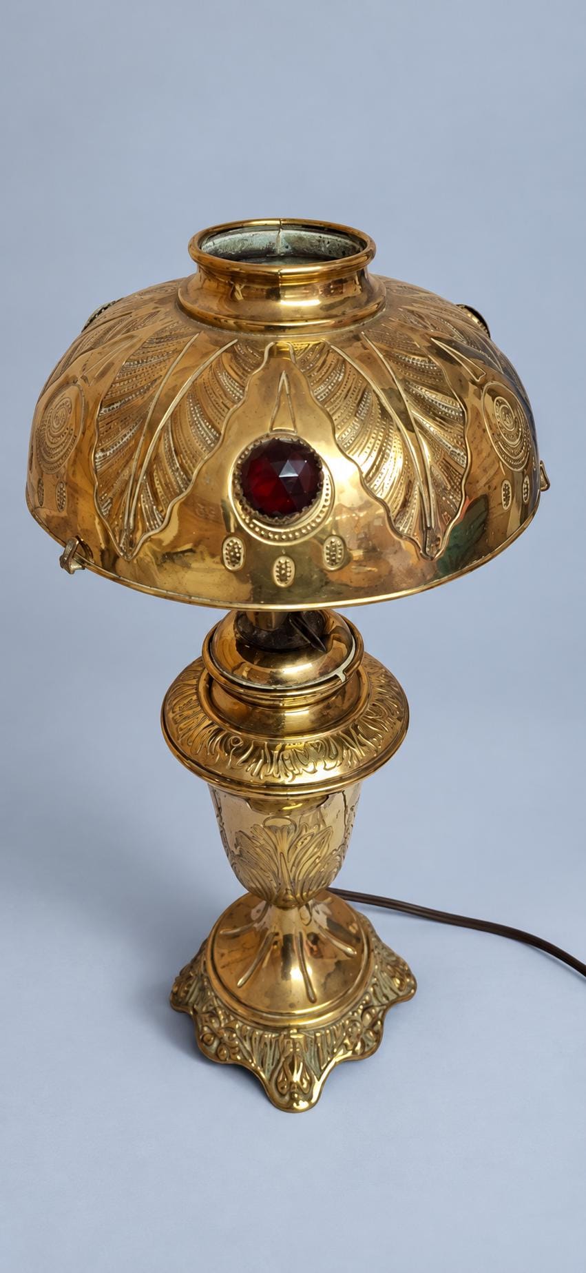 Vintage Art Nouveau Style Brass Table Lamp with Embossed Brass Shade and Coloured Glass Cabochons, Oil Lamp Form Desk or Bedside