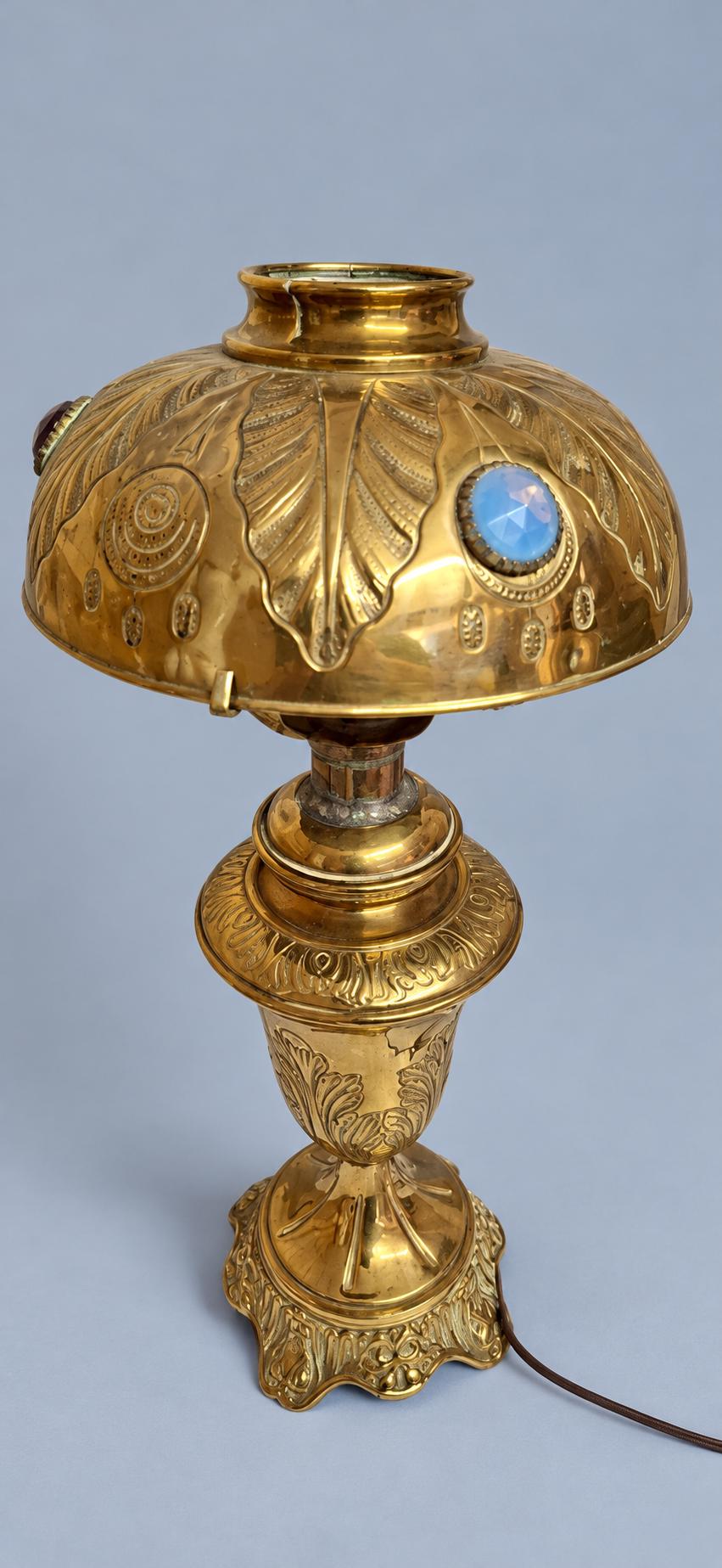 Vintage Art Nouveau Style Brass Table Lamp with Embossed Brass Shade and Coloured Glass Cabochons, Oil Lamp Form Desk or Bedside