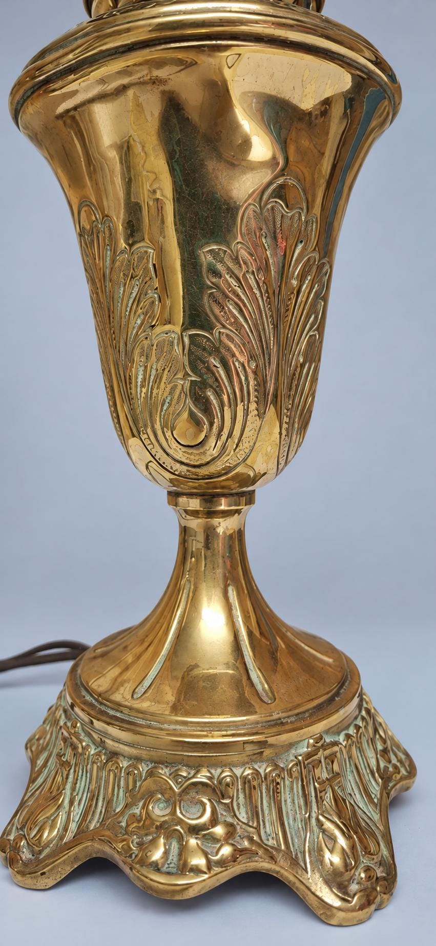 Vintage Art Nouveau Style Brass Table Lamp with Embossed Brass Shade and Coloured Glass Cabochons, Oil Lamp Form Desk or Bedside
