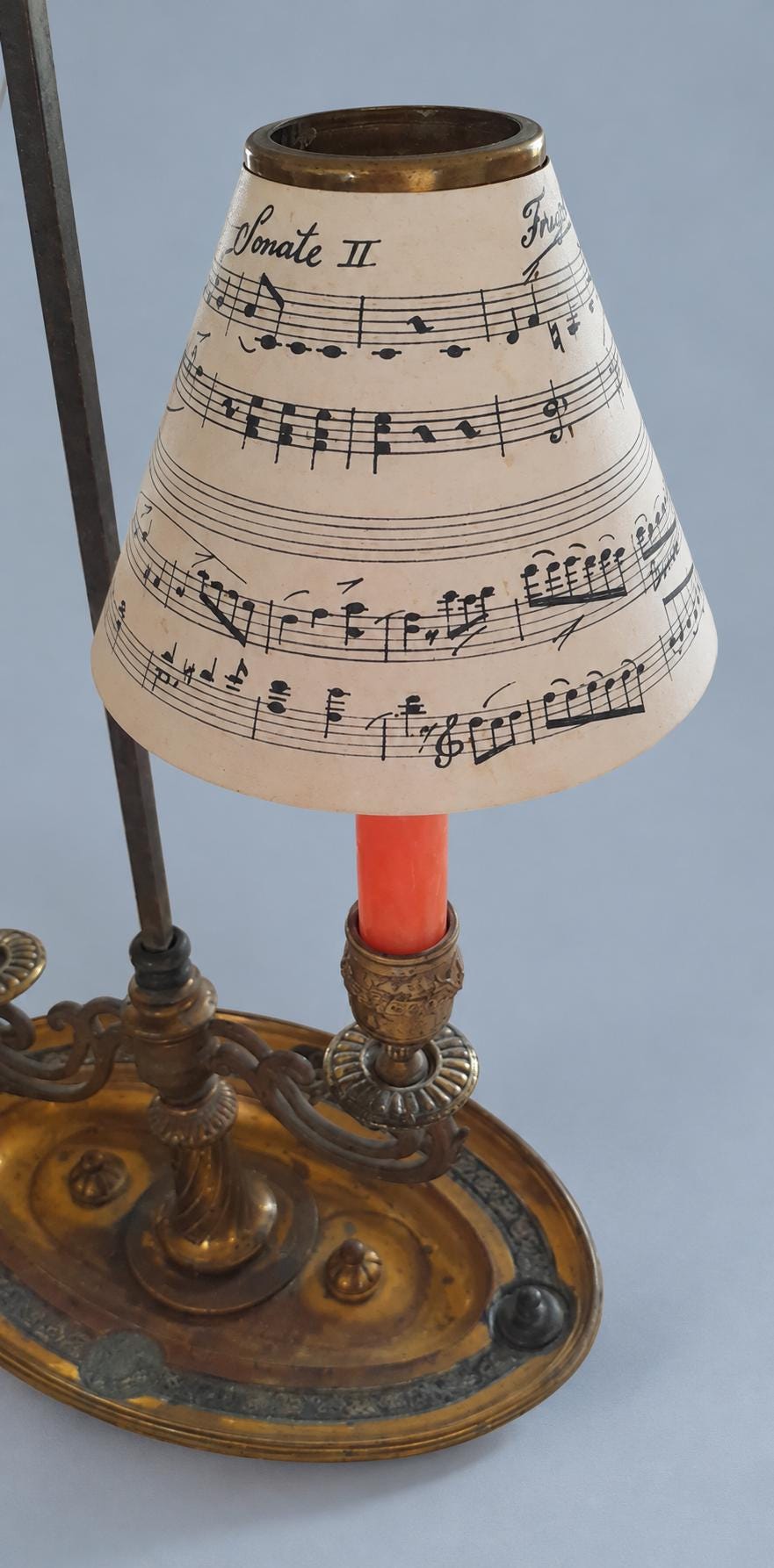 Vintage Bouillotte Style Brass Two-Light Table Lamp with Paper Shades, French Empire Inspired Candle Lamp on Oval Dish Base