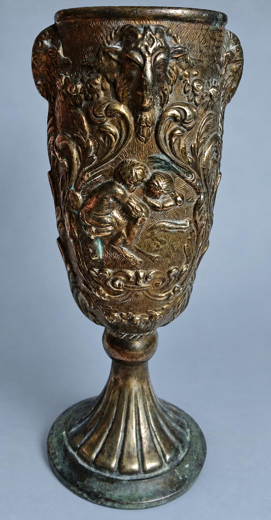 Vintage Repoussé Metal Chalice Vase with Rams’ Heads and Cherubs, Baroque Revival Embossed Goblet, Curiosity Cabinet Decor
