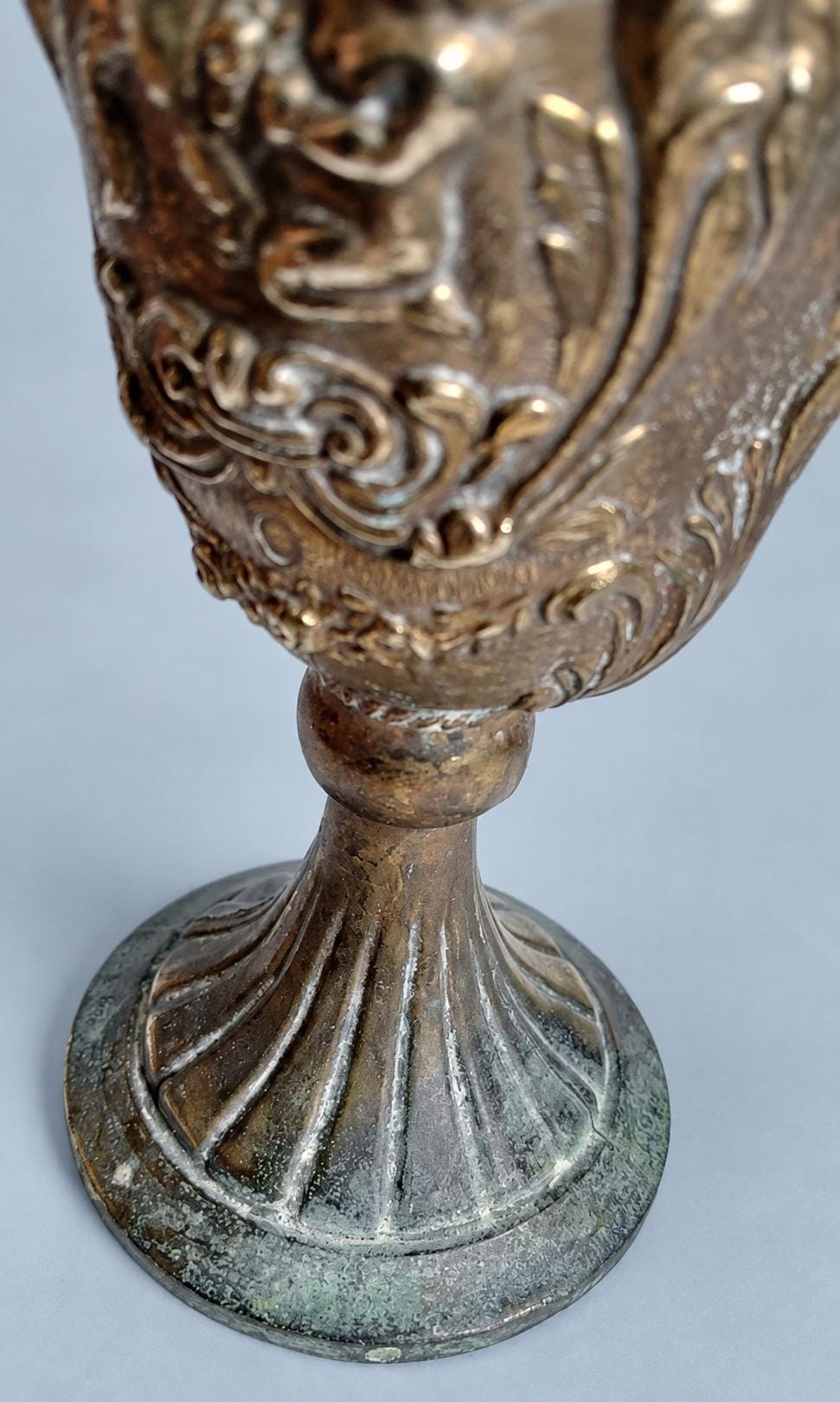 Vintage Repoussé Metal Chalice Vase with Rams’ Heads and Cherubs, Baroque Revival Embossed Goblet, Curiosity Cabinet Decor
