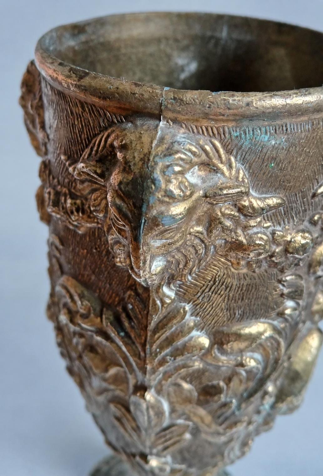 Vintage Repoussé Metal Chalice Vase with Rams’ Heads and Cherubs, Baroque Revival Embossed Goblet, Curiosity Cabinet Decor