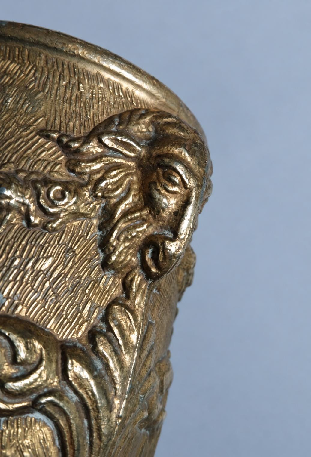 Vintage Repoussé Metal Chalice Vase with Rams’ Heads and Cherubs, Baroque Revival Embossed Goblet, Curiosity Cabinet Decor