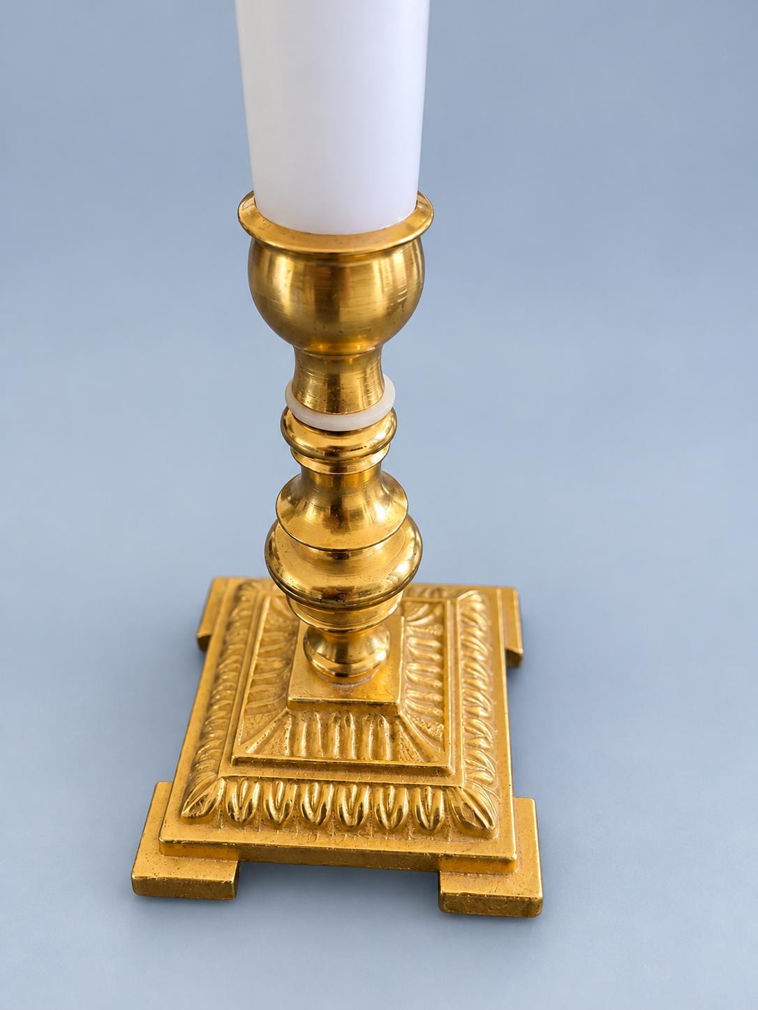 Vintage 24K Gold-Plated Candlestick with Square Acanthus Base, Classic Baluster Taper Holder, Elegant Mantel or Table Decor