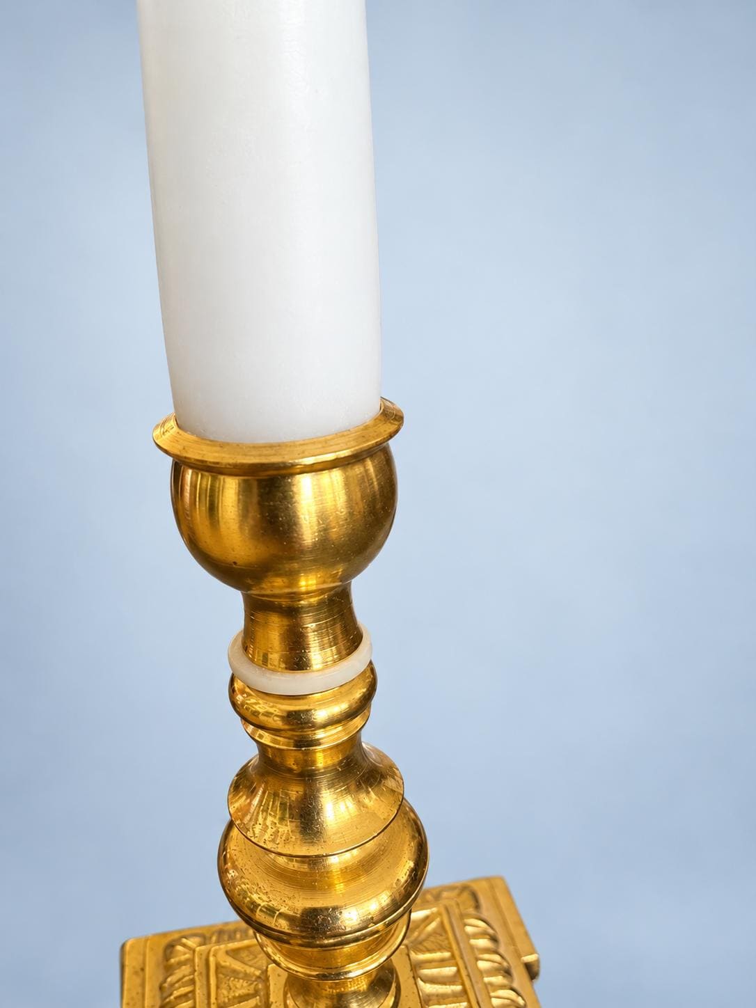 Vintage 24K Gold-Plated Candlestick with Square Acanthus Base, Classic Baluster Taper Holder, Elegant Mantel or Table Decor