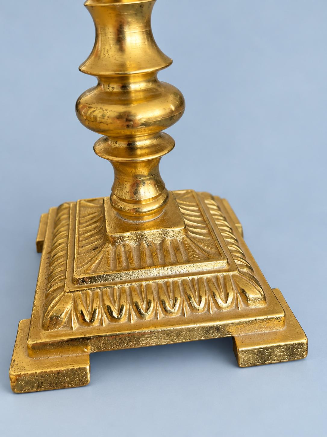 Vintage 24K Gold-Plated Candlestick with Square Acanthus Base, Classic Baluster Taper Holder, Elegant Mantel or Table Decor