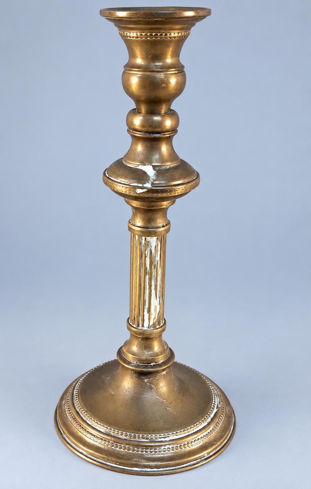 Brass Neoclassical Candlestick with Fluted Column and Beaded Base, Louis XVI Style, Vintage