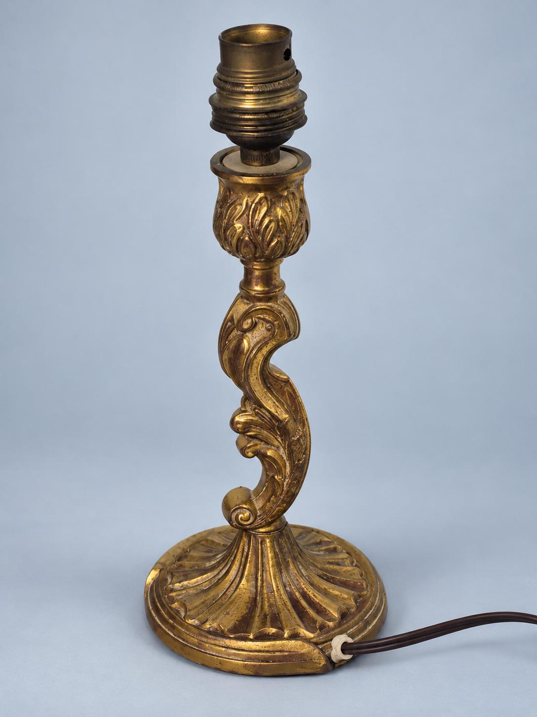 Vintage Louis XV Style Gilt Brass Table Lamp Base, Rococo Scroll Candlestick Form with Shell Foot, Small Bedside or Desk Lamp