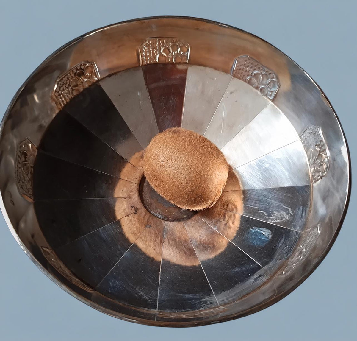 Vintage Art Deco Footed Bowl, Silver-Tone Metal Coupe on Pedestal with Fan Flower Panels and Chevron Borders, 20 cm