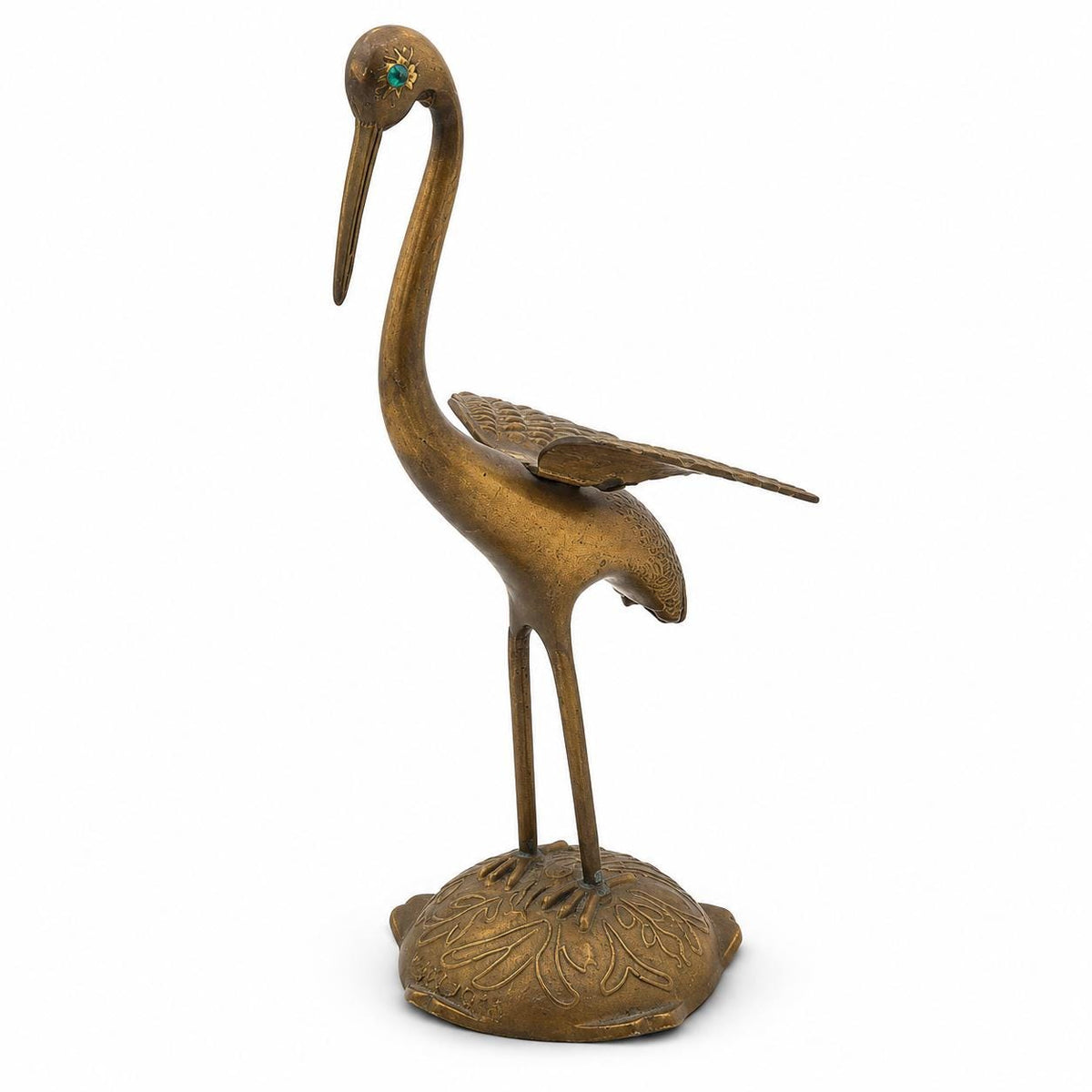 Vintage Brass Crane Figurine with Spread Wings and Green Eyes, Marked Portugal, Engraved Feather Detail on Leaf-Cast Base, 24 cm