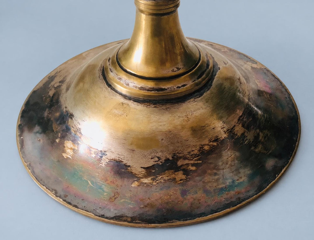 Vintage Neoclassical Style Footed Tazza, Patinated Metal Pedestal Dish with Shell Motifs and Beaded Borders, 21 cm