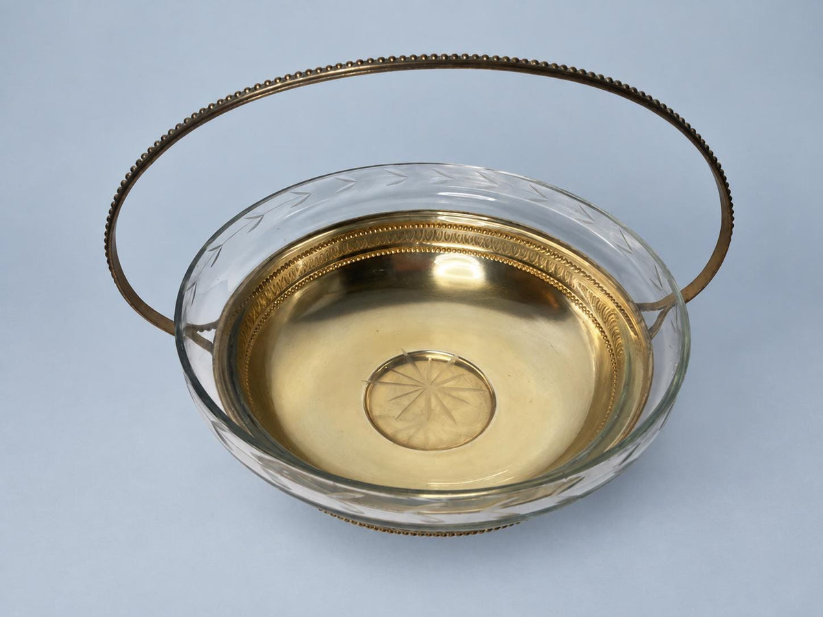 Vintage Handled Fruit Bowl, Attributed c. 1940s, Engraved Glass Liner in Silver-Tone Metal Frame with Classical Frieze, 23 cm