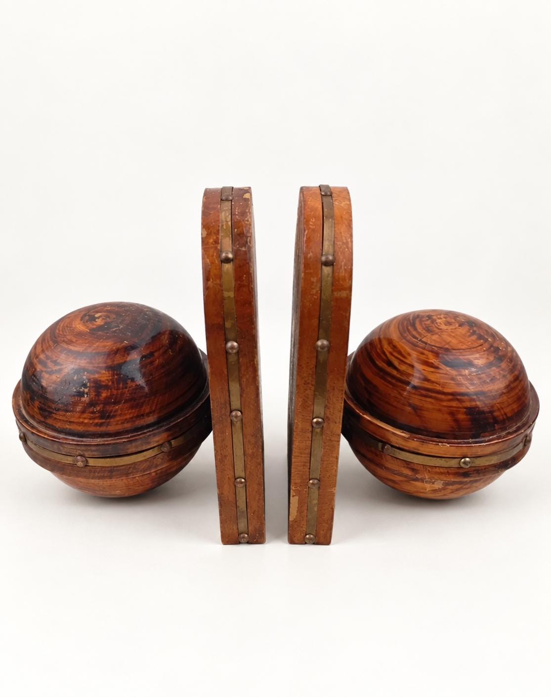 Vintage Pair of Turned Wood Bookends, Dome Form with Brass-Tone Studded Bands, Rustic Library Decor
