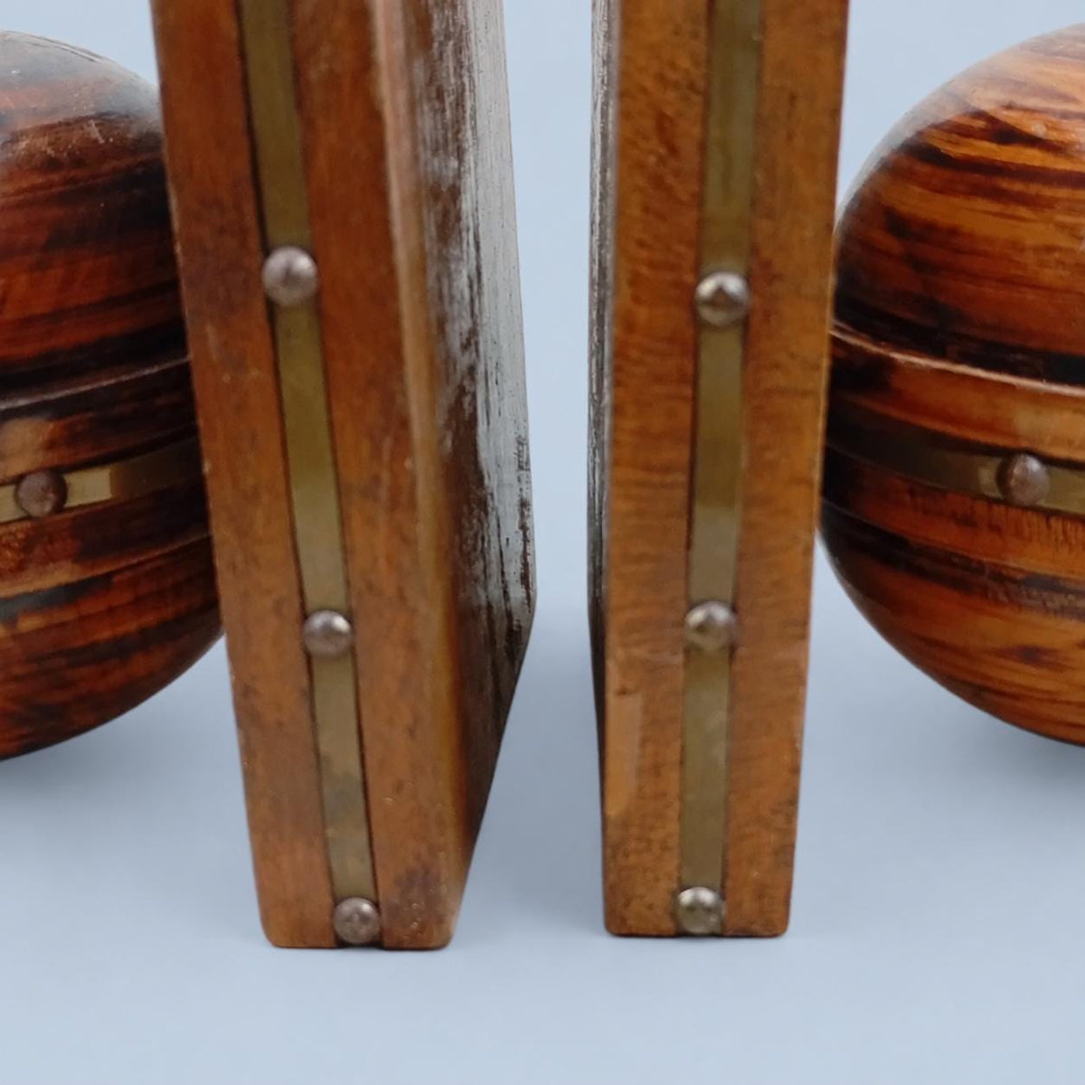 Vintage Pair of Turned Wood Bookends, Dome Form with Brass-Tone Studded Bands, Rustic Library Decor