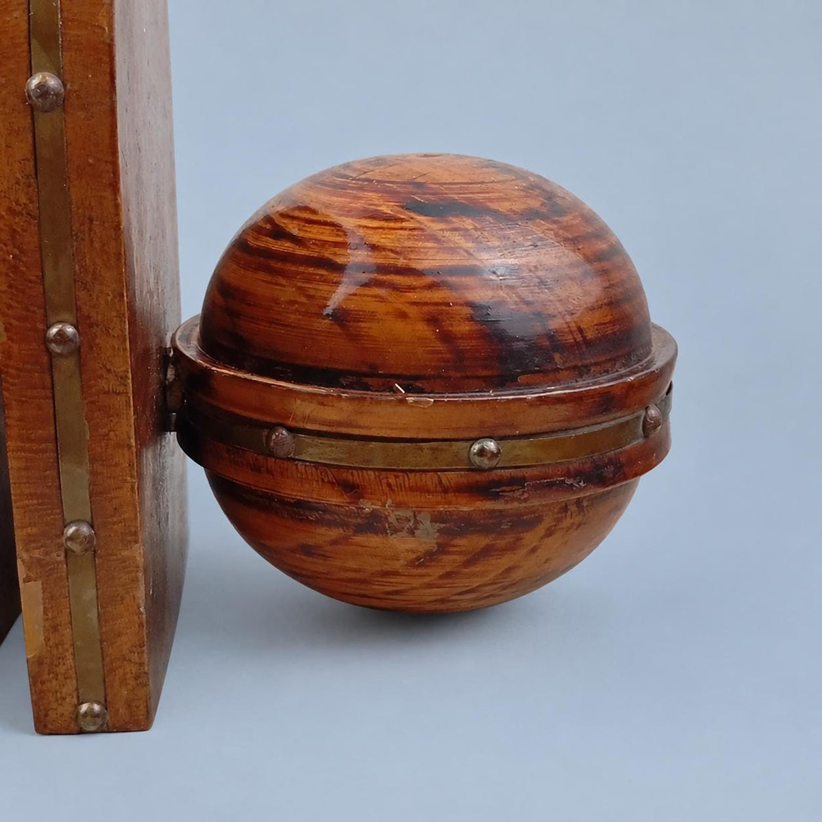 Vintage Pair of Turned Wood Bookends, Dome Form with Brass-Tone Studded Bands, Rustic Library Decor