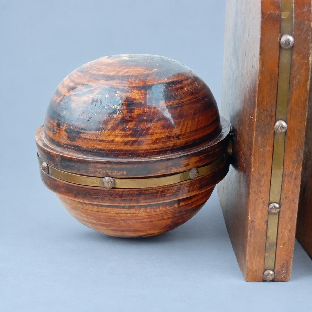 Vintage Pair of Turned Wood Bookends, Dome Form with Brass-Tone Studded Bands, Rustic Library Decor