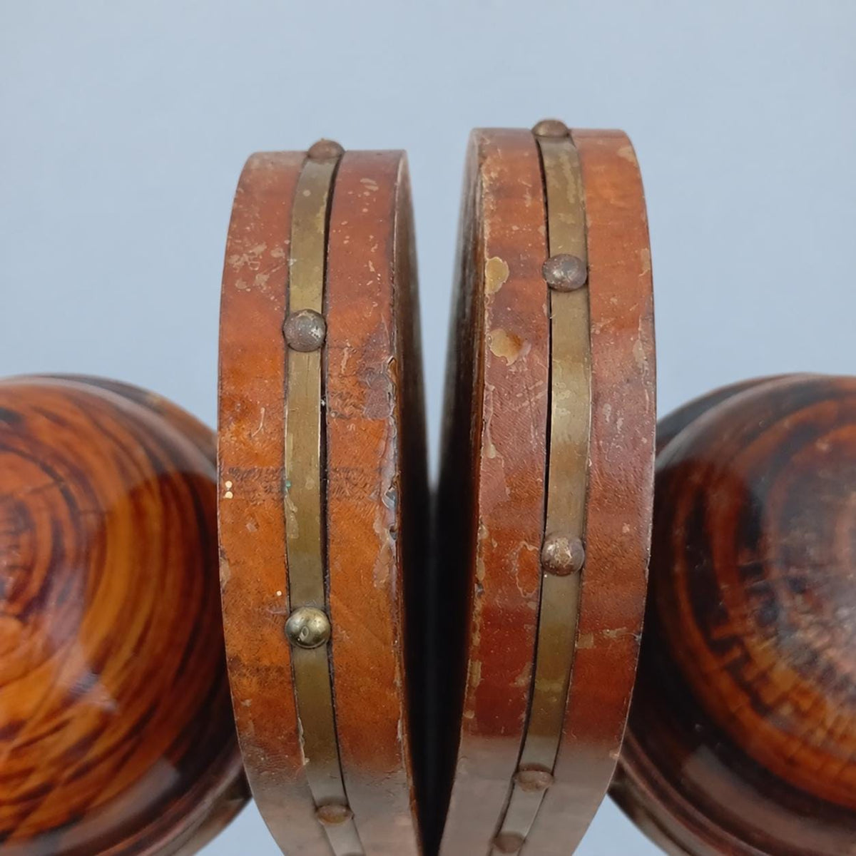 Vintage Pair of Turned Wood Bookends, Dome Form with Brass-Tone Studded Bands, Rustic Library Decor