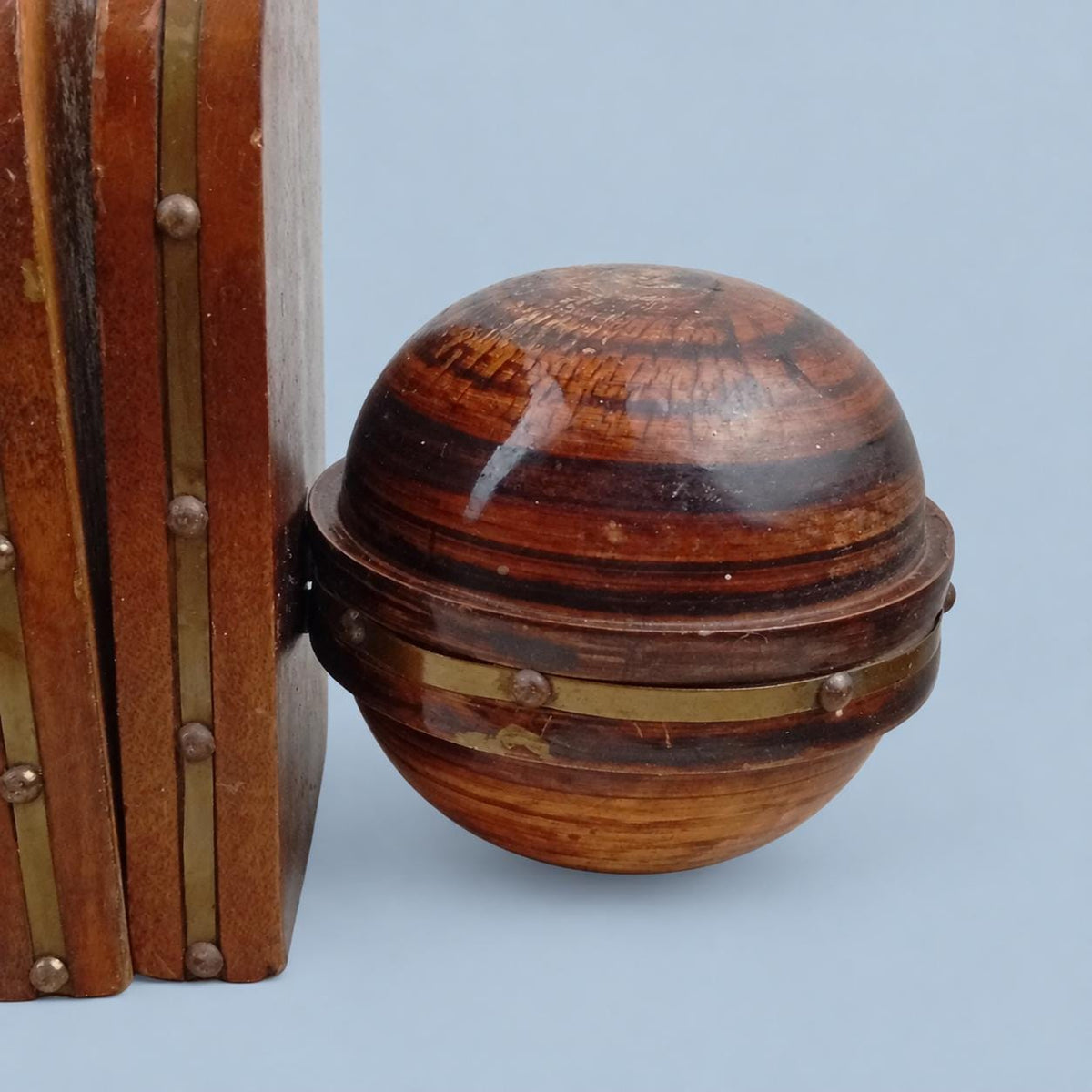 Vintage Pair of Turned Wood Bookends, Dome Form with Brass-Tone Studded Bands, Rustic Library Decor