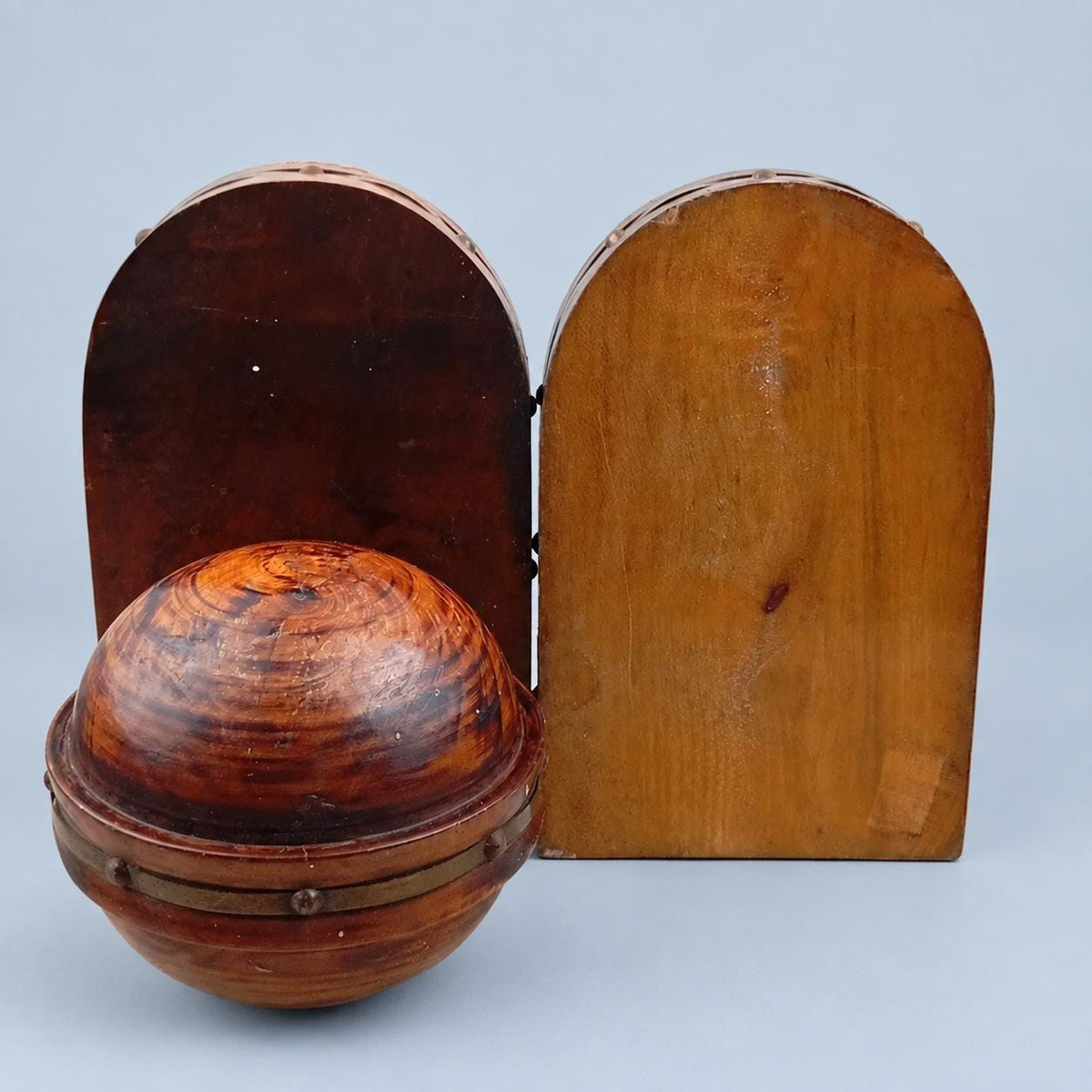 Vintage Pair of Turned Wood Bookends, Dome Form with Brass-Tone Studded Bands, Rustic Library Decor