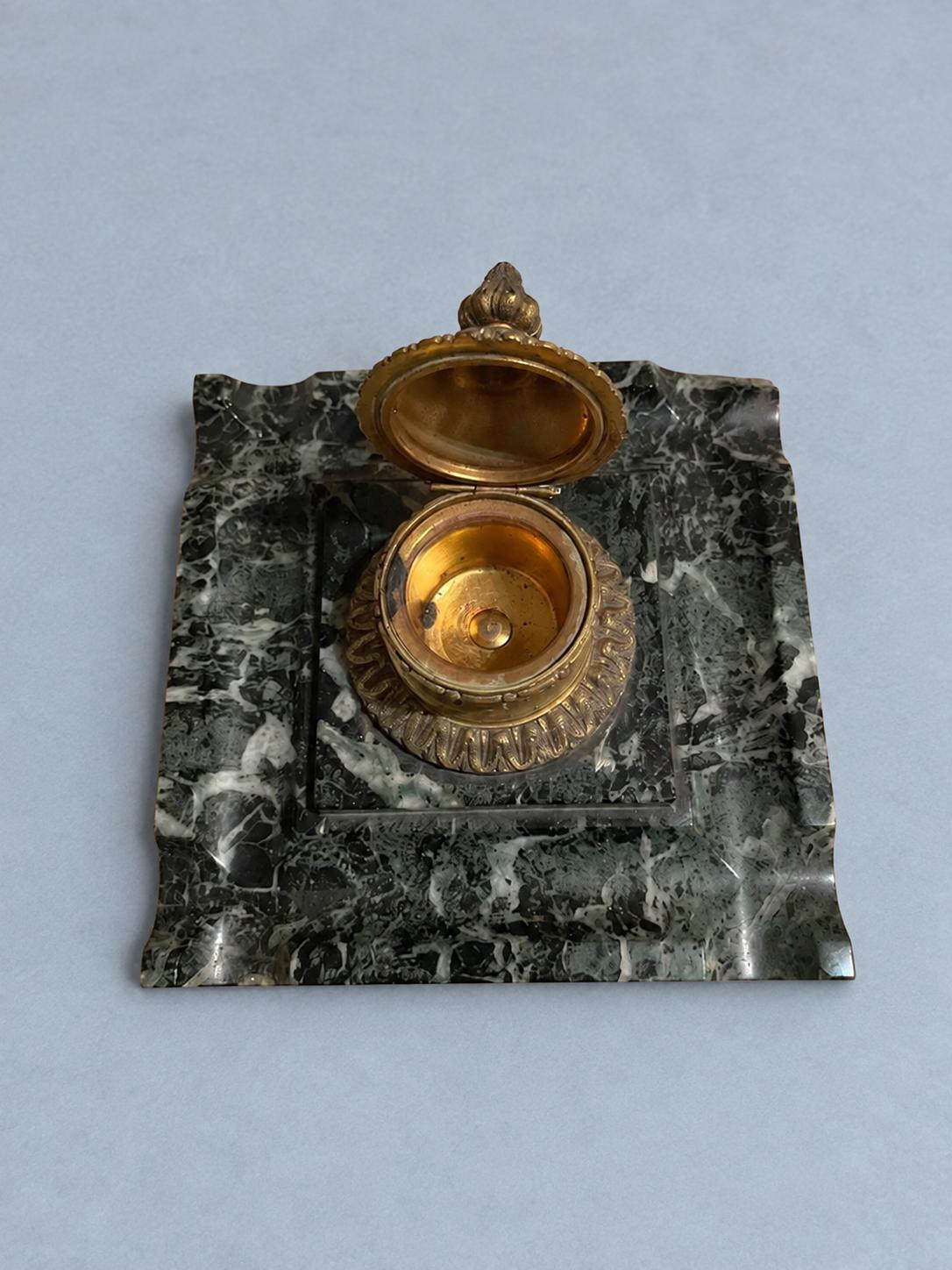 Antique Marble Inkwell with Hinged Bronze-Tone Pot, French Empire Desk Accessory