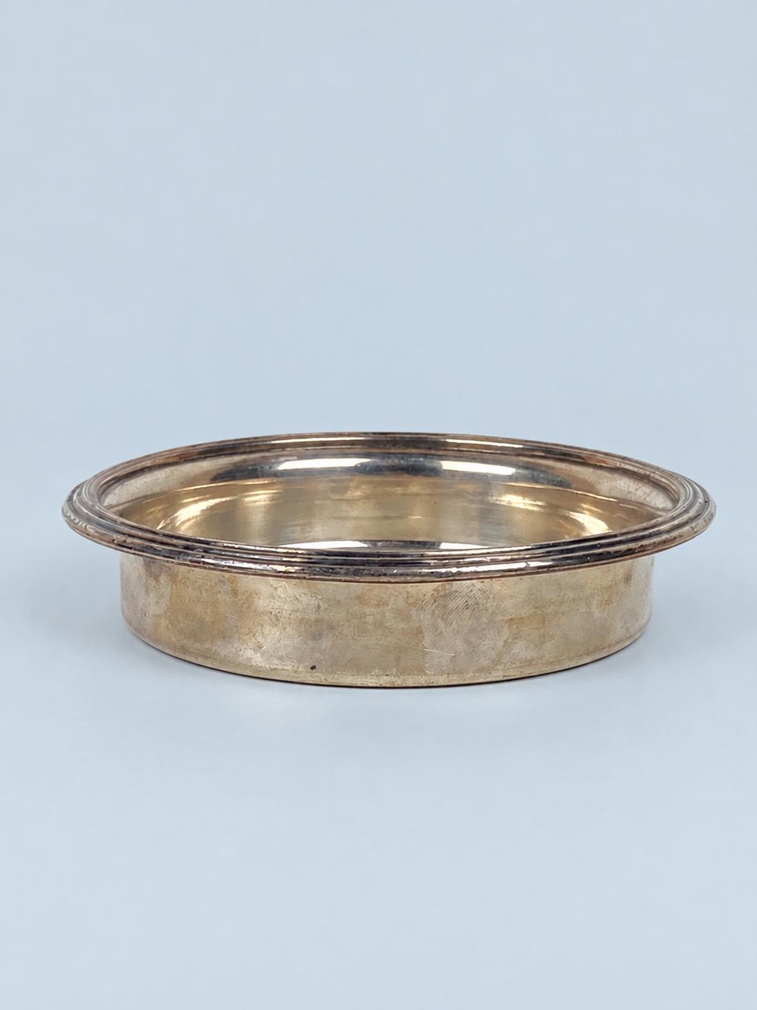 Vintage Small Silver-Tone Metal Round Dish with Moulded Rim, 14 cm Bottle Coaster or Trinket Dish, Classic Tableware
