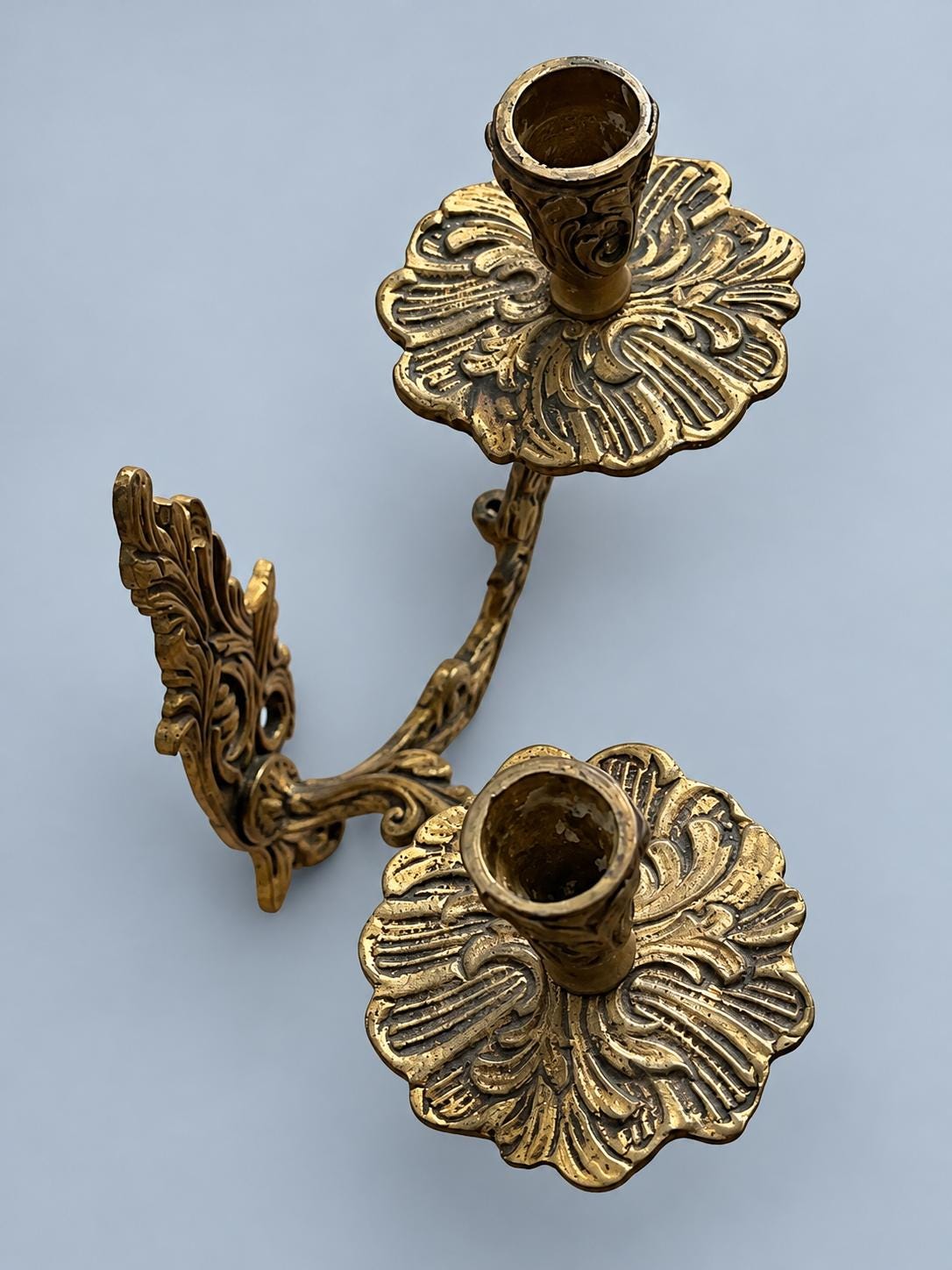 Pair of Vintage Louis XV Style Gold-Tone Metal Two-Arm Candle Wall Sconces, Rococo Scroll and Rosette Design, Old World Decor