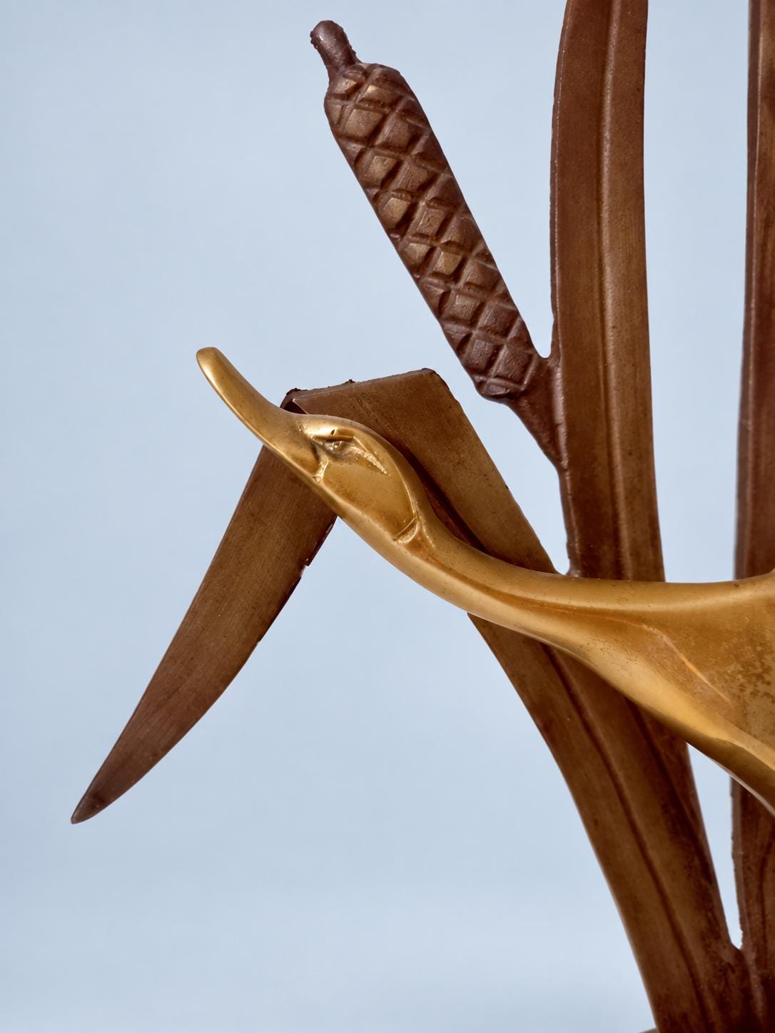 Vintage Two-Tone Brass-Tone Flying Duck Sculpture Among Cattails