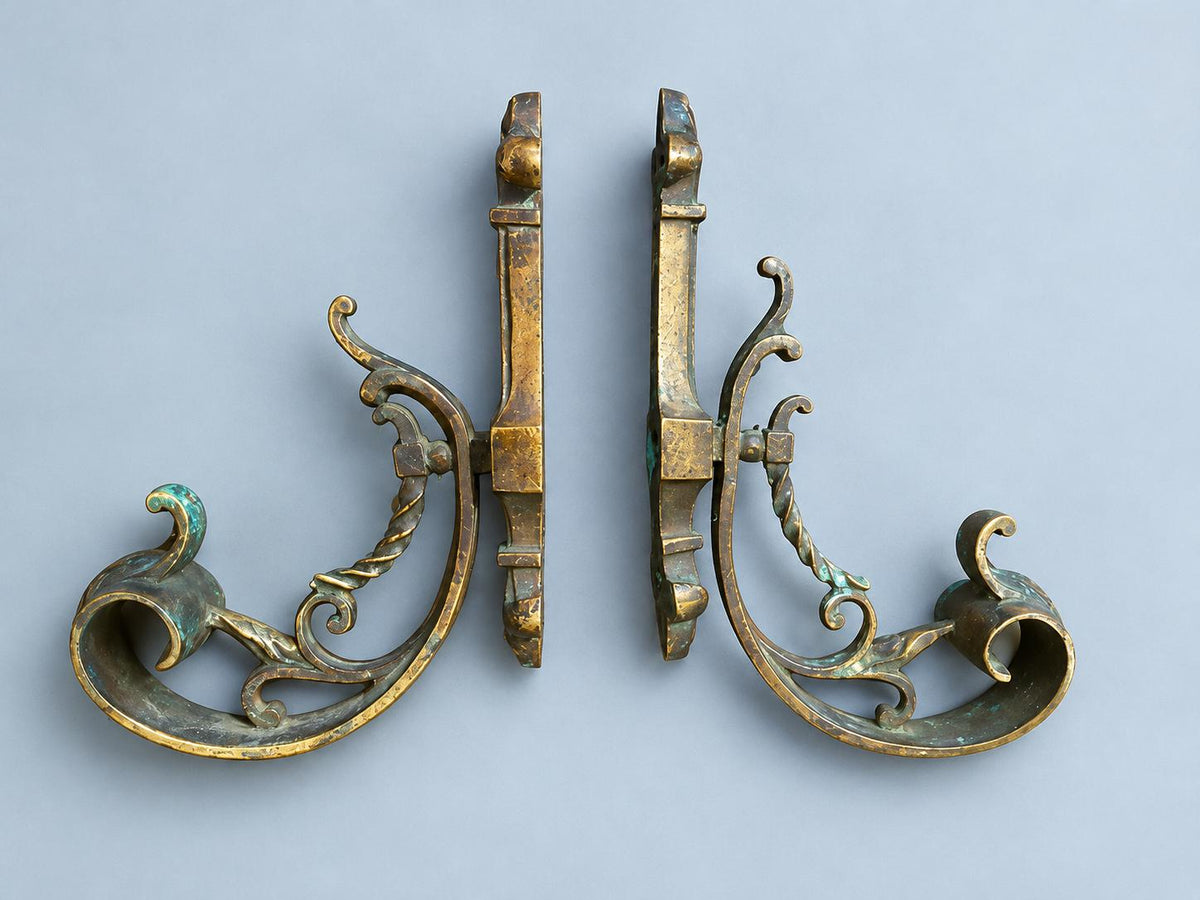 Pair of Vintage Bronze or Brass Curtain Tiebacks with Fleur-de-Lis Crest, Laurel Leaf Holdback Hooks, Classic Drapery Hardware