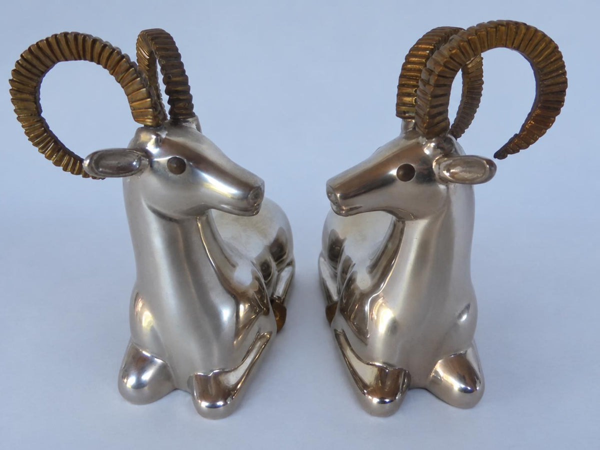 Vintage 1970s Pair of Silver-Tone Recumbent Ibex Sculptures with Gold-Tone Horns