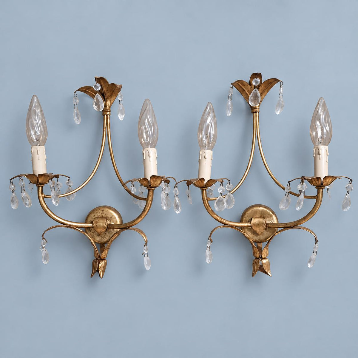 Pair of Vintage Gilt Metal Two-Arm Wall Sconces with Clear Drops, Tole Style Leaf Design, Hollywood Regency Candle Lights