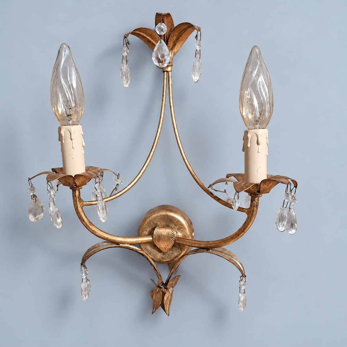 Pair of Vintage Gilt Metal Two-Arm Wall Sconces with Clear Drops, Tole Style Leaf Design, Hollywood Regency Candle Lights
