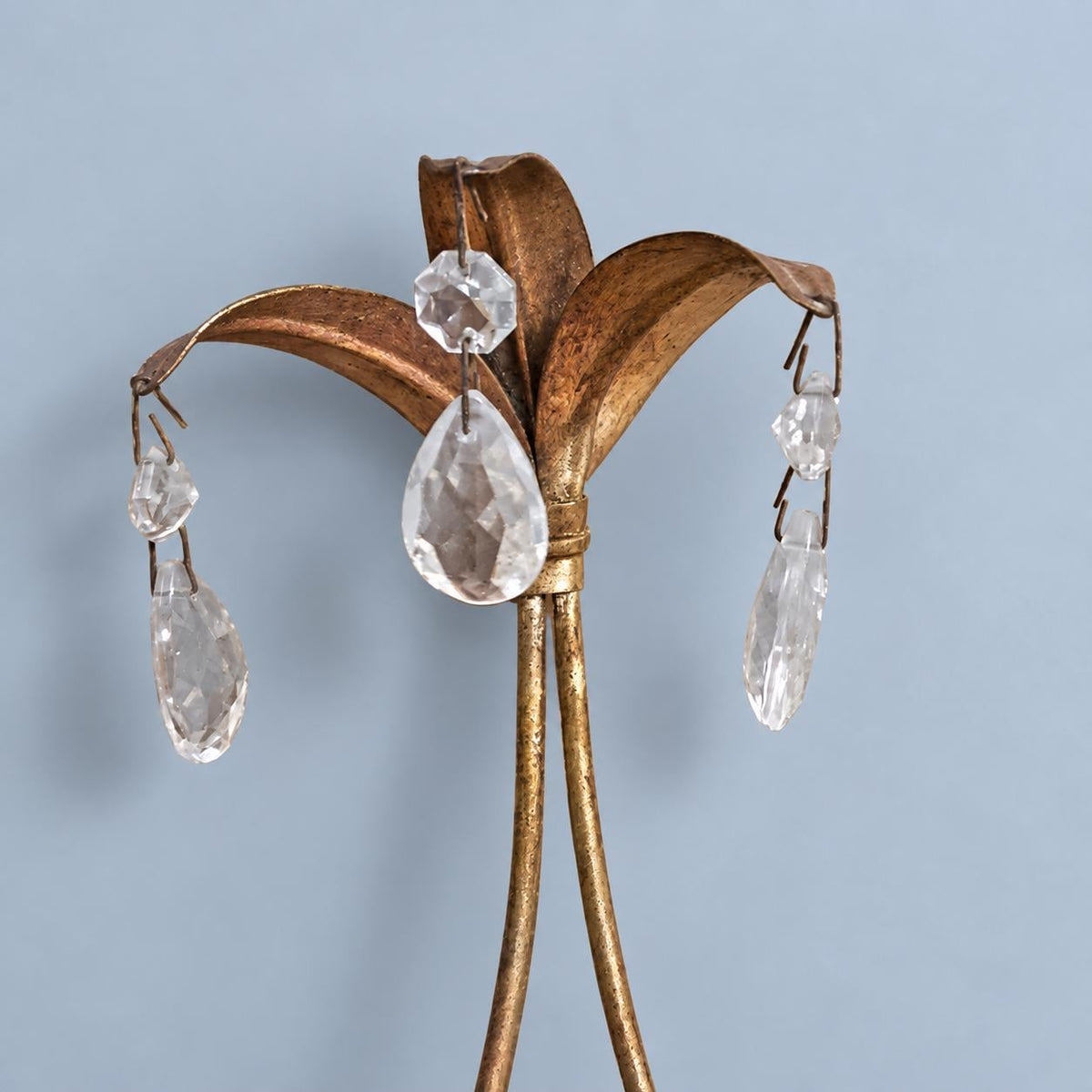 Pair of Vintage Gilt Metal Two-Arm Wall Sconces with Clear Drops, Tole Style Leaf Design, Hollywood Regency Candle Lights