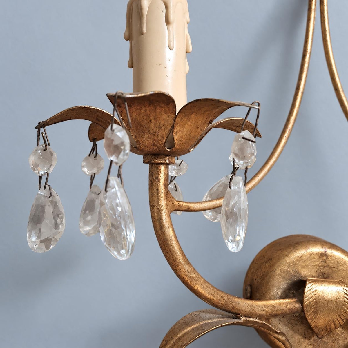 Pair of Vintage Gilt Metal Two-Arm Wall Sconces with Clear Drops, Tole Style Leaf Design, Hollywood Regency Candle Lights